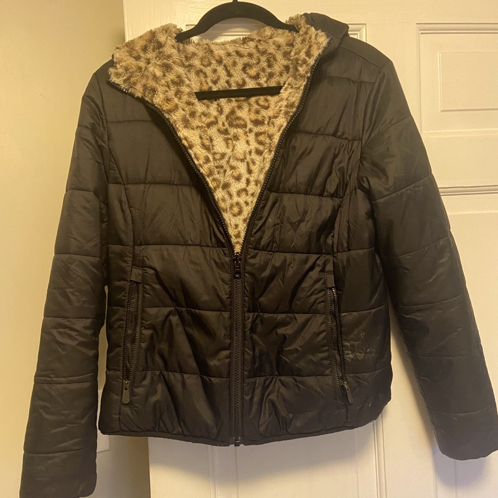 Alp N Rock reversible black down and leopard faux fur winter coat